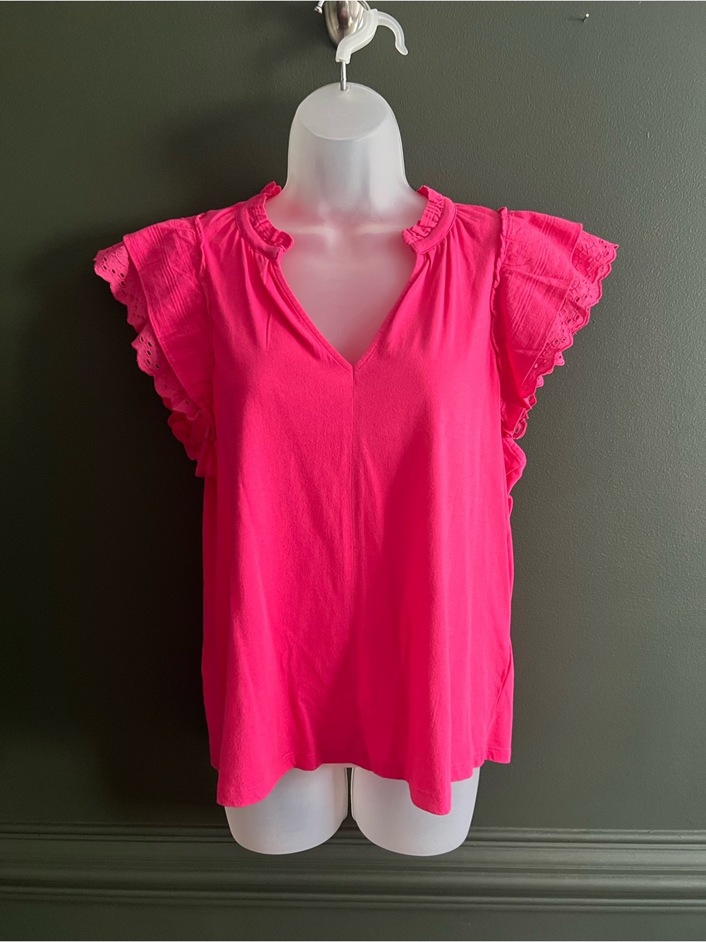 J. Crew Flutter Sleeve V-Neck Top in Hot Pink
